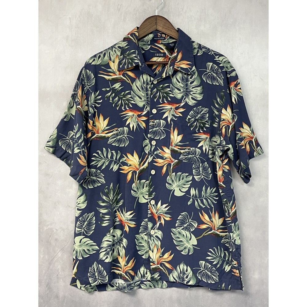 IZOD Mens Hawaiian Shirt Size Large Silk Bird Of Paradise Tropical Aloha Resort